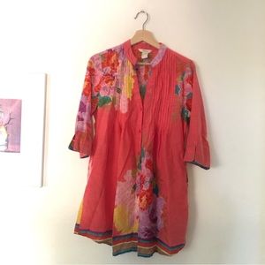 Sundance 100% Floral Stripe Button Up Tunic Dress in Pink Multicolor Sz M